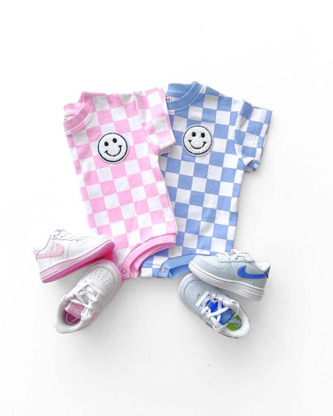 Lucky Panda Kids - Wholesale Bodysuit (Non-Footed) - Baby - Short Sleeve Bubble Romper | Checkered Smiley Pink9