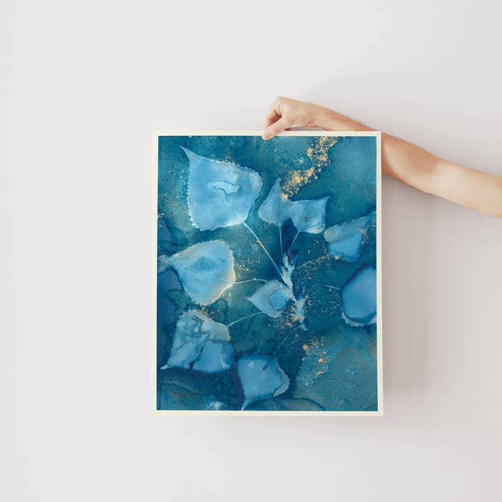 Far Mountain Studio - Wholesale Art Print - "Cyan Leaf Splash" Blue Fine Art Print 8"x10" Unframed1