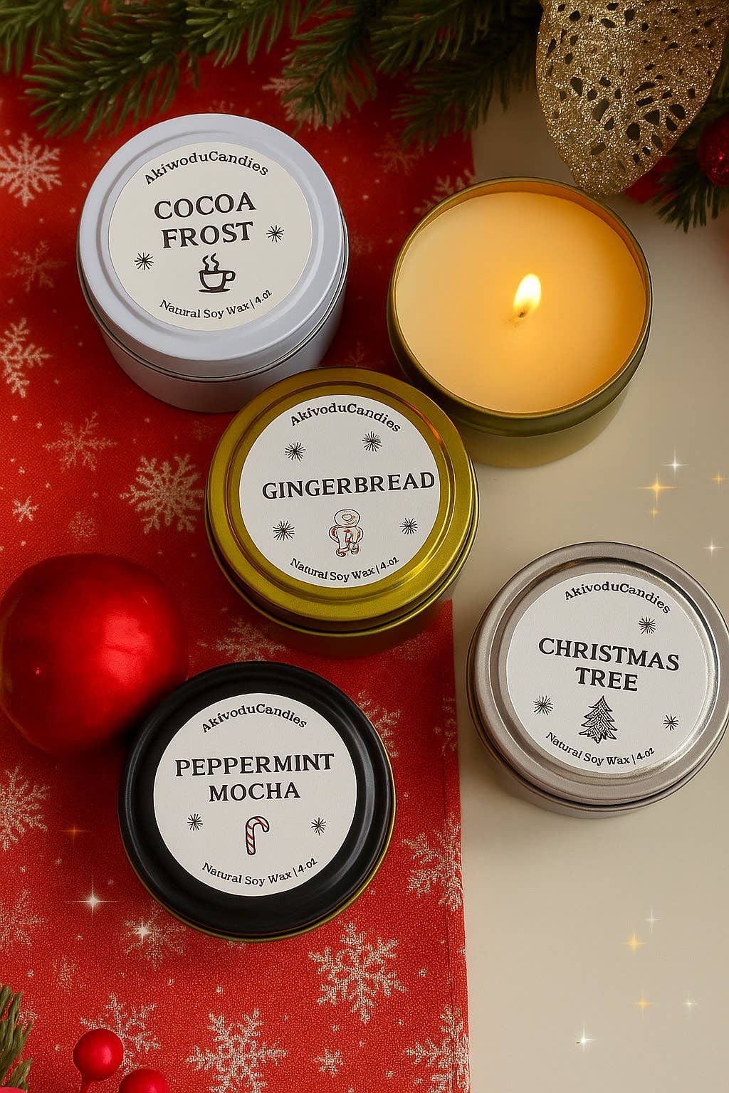 Akivodu Candles – wholesale Travel candles – Christmas Scented Candle in 4 oz Tins, Cotton Wick