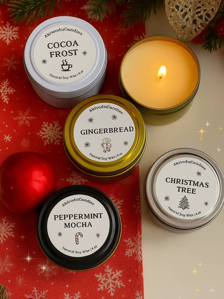 Christmas Scented Candle in 4 oz Tins, Cotton Wick for wholesale by Akivodu Candles