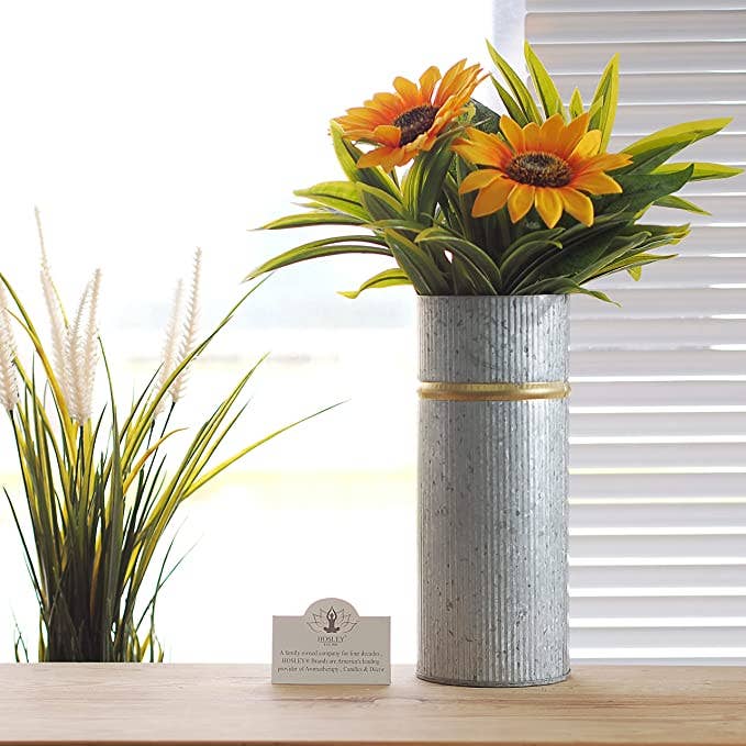 Hosley - Wholesale Vase - Hosley® Set of 2,GALVANIZED CORRUGATED VASE W/hGOLD RIM 10IN3