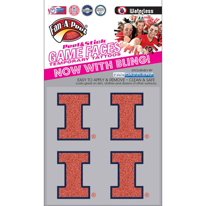 Illinois Game Faces® Glitter 4 Temporary Tattoos for wholesale by Fanapeel / Gamefaces