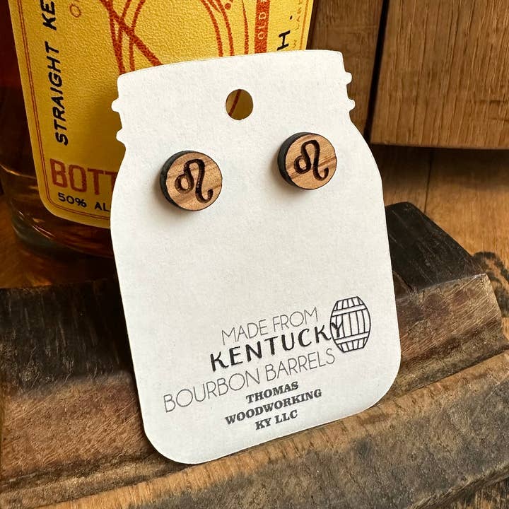 TWWKY - Wholesale Stud/Post Earrings - Leo Zodiac Reclaimed Kentucky Bourbon Barrel Earrings0
