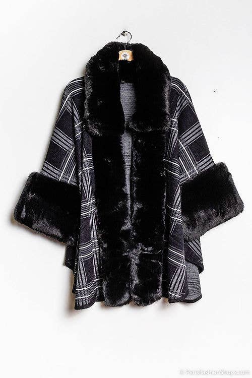LOOWIE - Wholesale Poncho - Women's - 51023 Loowie Plaid Faux Fur Poncho0