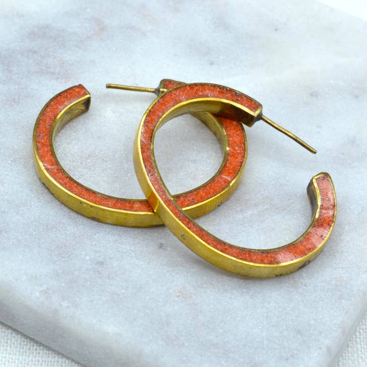 Bold Hoop Inlay Coral and Brass Earrings for wholesale by Didi Bahini Fair Trade
