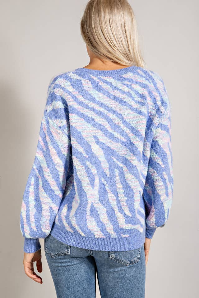 BLUE MULTI TT2273 ZEBRA PRINT V-NECK PULLOVER SWEATER for wholesale on Faire3
