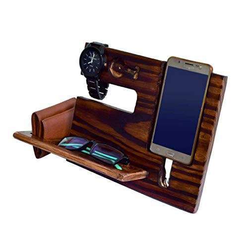 Pine Wood Antique Finish Phone Docking Station Tablet Holder, Key Hooks, Coin, Wallet, Watch Stand, Handmade Men Graduation Gift, Husband Anniversary for wholesale by AK INTERNATIONAL