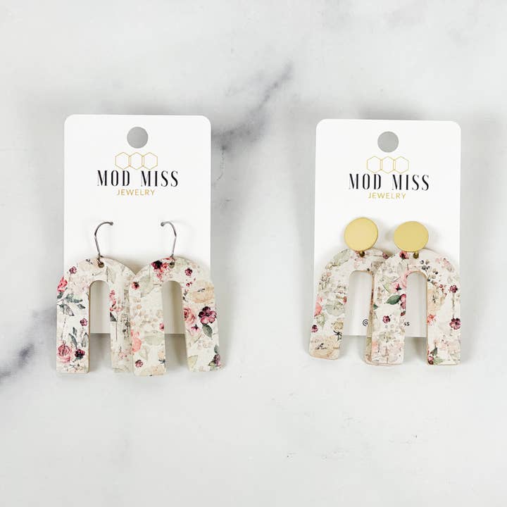 Mauve Floral Cork + Leather Arch Earrings for wholesale by The Mod Miss