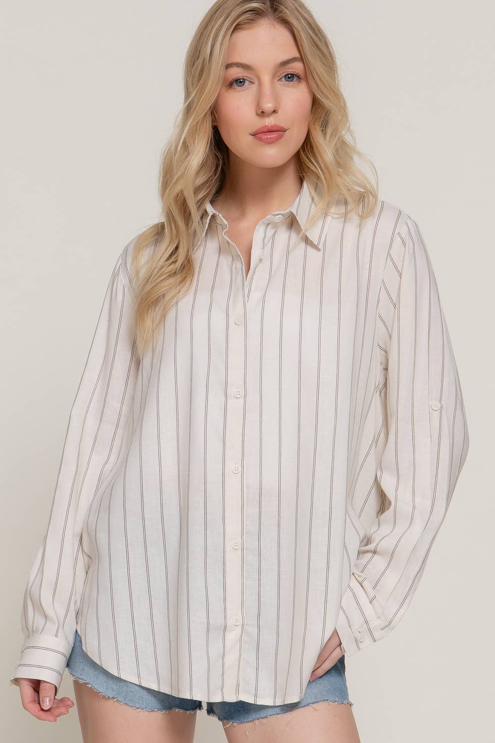 Active Basic | Active USA - Wholesale Button Down Shirt - Women's - Long Sleeve Button Down Stripe Linen Oversized Shirt18