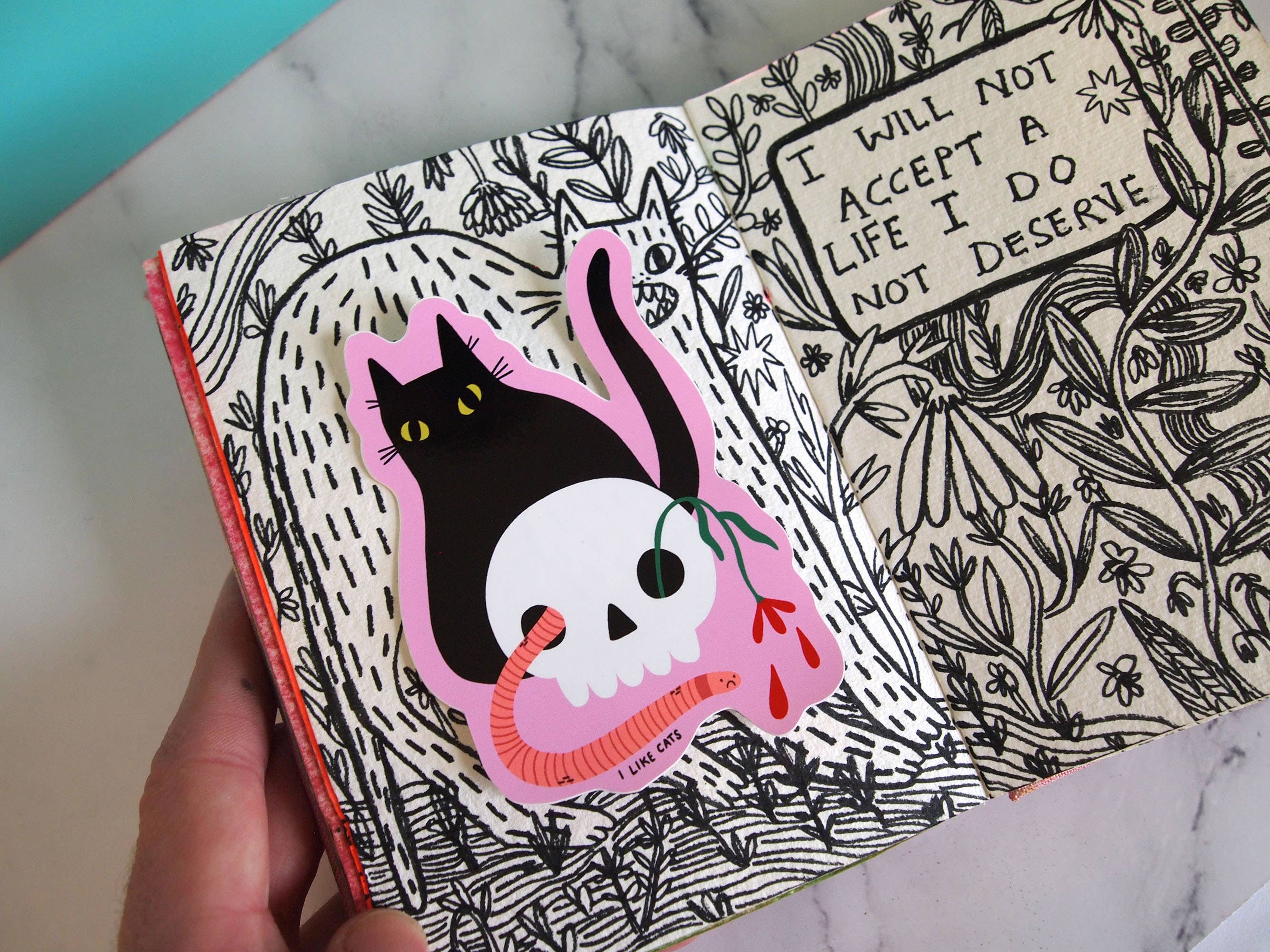 I LIKE CATS – wholesale Sticker – Black cat with skull illustrated vinyl sticker2