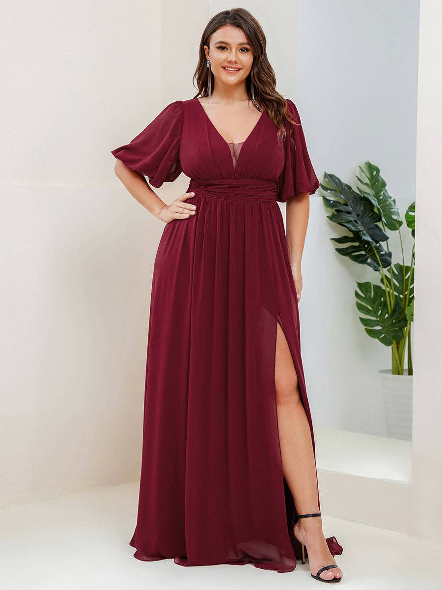 Ever-Pretty - Wholesale Gown - Women's - Plus Deep V Neck A Line Half Puff Sleeves Bridesmaid Dress0