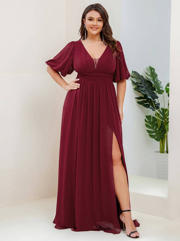 Ever-Pretty - Wholesale Gown - Women's - Plus Deep V Neck A Line Half Puff Sleeves Bridesmaid Dress0