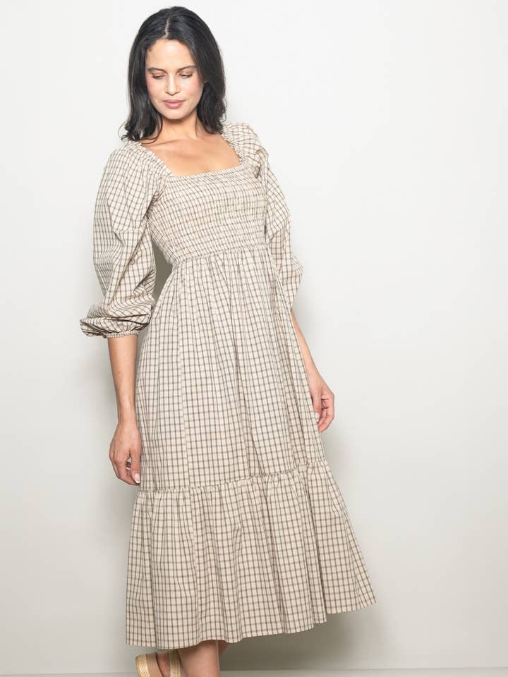 Elloh Collection - Wholesale Dress - Women's - Square Neck Checkered Plaid Smocked Chest Cotton Maxi Dress6