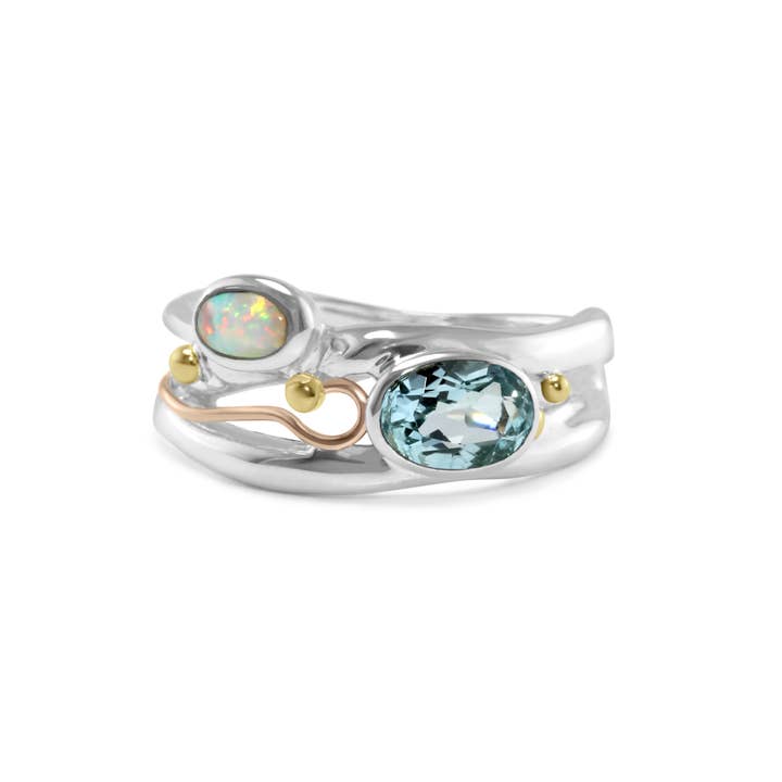 Banyan Jewellery - Wholesale Multi-Stone Ring - Handmade Blue Topaz & Opal Sterling Silver Ring 6
