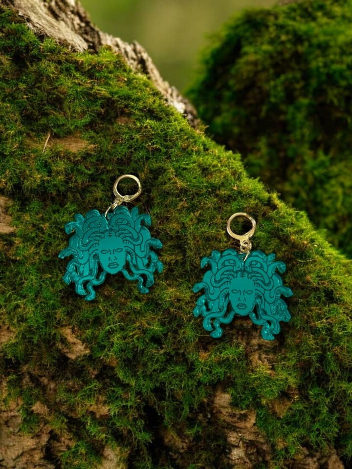 Green Medusa Earrings Mirrored Acrylic Medusa Head Hoops Mythic Statement Jewellery Goth Alt Fashion Ancient Greece, Classics Witchy Costume for wholesale by Squishy Jewellery