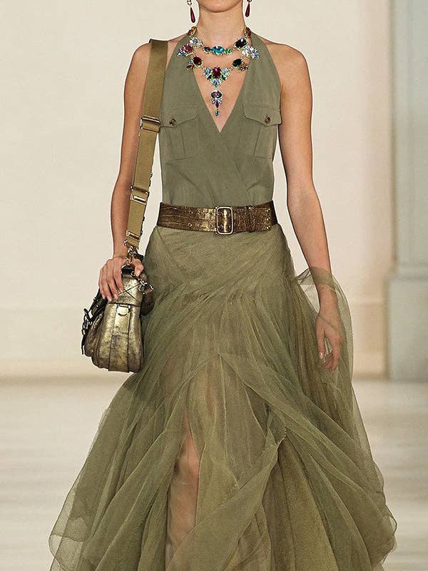 ARMY GREEN Sleeveless Belted Patchwork Pockets Halter-Neck Maxi Dresses for wholesale on Faire1