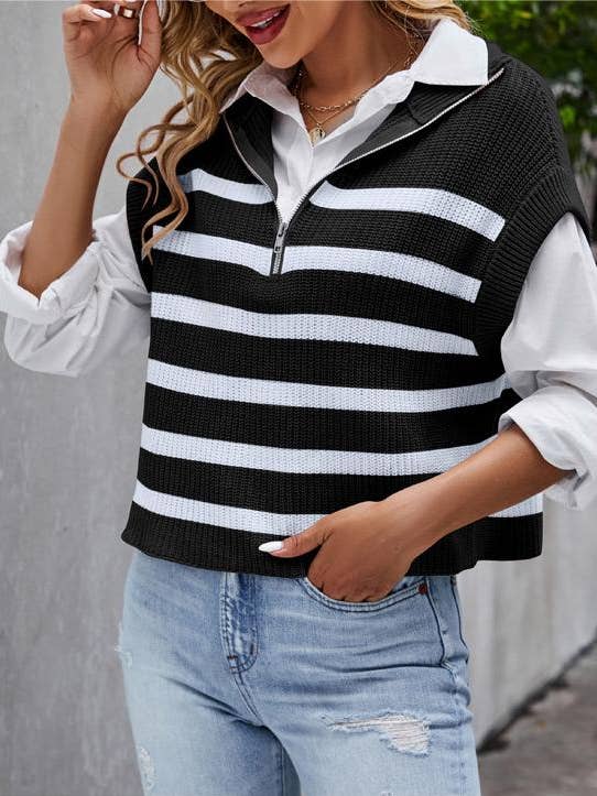 Loose Sleeveless Zippered Striped Knit Sweater Vest for wholesale by HIDDENBRAND