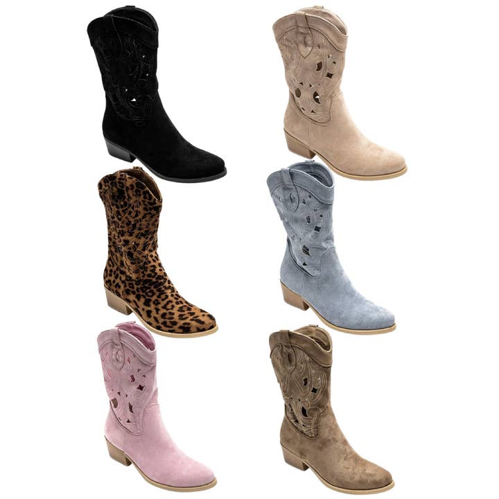 No Doubt Shoes - Wholesale Cowboy Boots - Women's - WOMENS CUT OUT DETAIL EMBROIDERED BLOCK HEEL COWBOY BOOTS