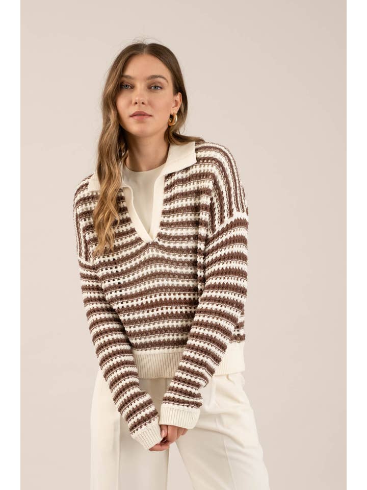 The Workshop Studio - Wholesale Knit Sweater - Women's - STRIPE COLLARED LONG SLEEVE CROCHET KNIT SWEATER