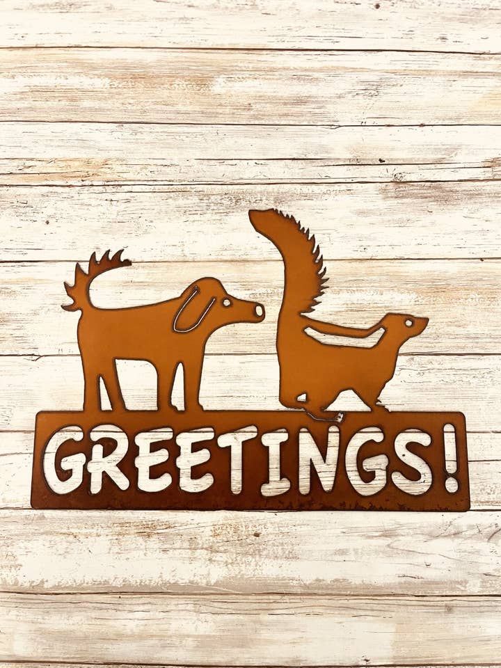 Dog and Skunk Greeting Sign Pet Gift for wholesale by Universal Ironworks USA