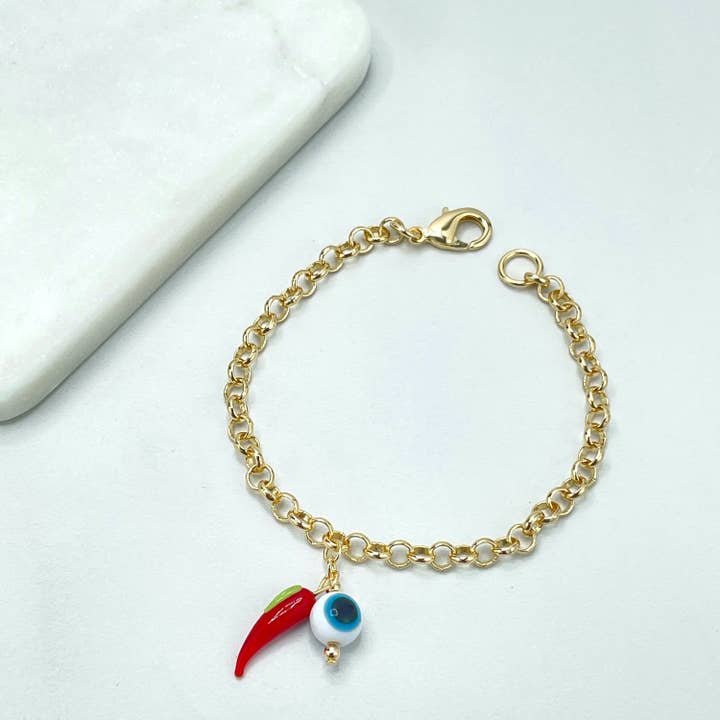 DIJU Jewelry - Wholesale Charm/Dangle Bracelet - 18k Gold Filled 4mm Rolo Chain with Dangle Red Chili Pepper & Classic White Blue Evil Eye Charms Bracelet, Wholesale Jewelry Making Supplies4