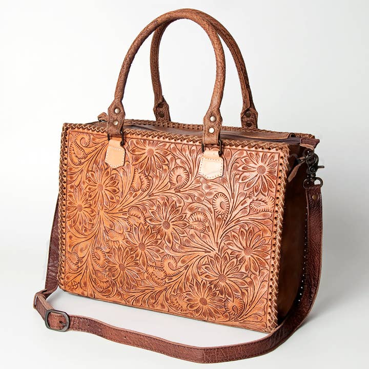 ADBG235 American Darling Western Leather Tote Bag - Hand Tooled Floral Carved Braided Purse for wholesale by LS Western