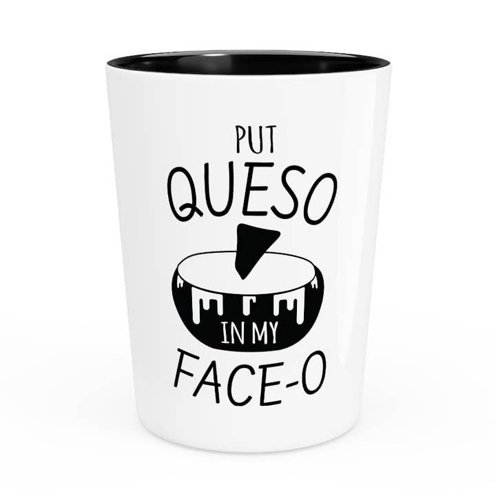 Black Shot Glass Party Ceramic Tequila Humorous Mexican Queso Enthusiasts Food Illustration Puns Hilarious Foods for wholesale on Faire0