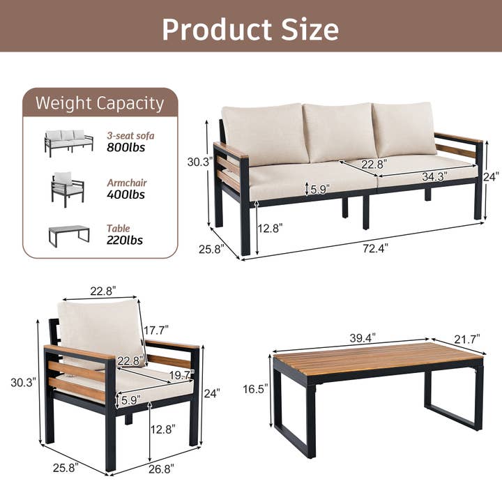 Beige 4-Piece Outdoor Sofa Set with Acacia Armrests & Coffee Table for wholesale on Faire