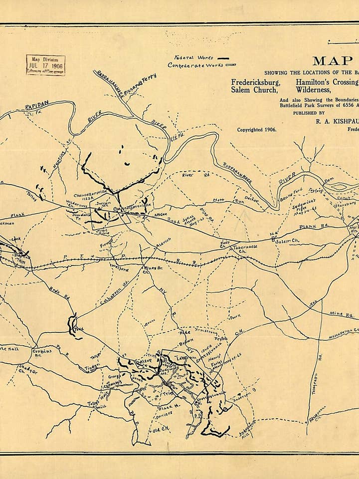Mapa que muestra las ubicaciones de los campos de batalla de Fredericksburg, Hamilton's Crossing, Chancellorsville, Salem Church, Wilderness y Spotsylvania, y también muestra los límites de los estudios del parque de campos de batalla de 6556 acres 1906 para venta al por mayor de Relic Map Co.