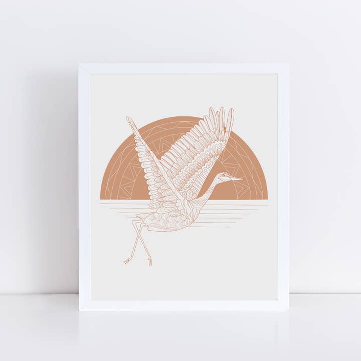 Peachy Crane Art Print / Flying Sandhill Crane Wall Art for wholesale by Laura K Maxwell