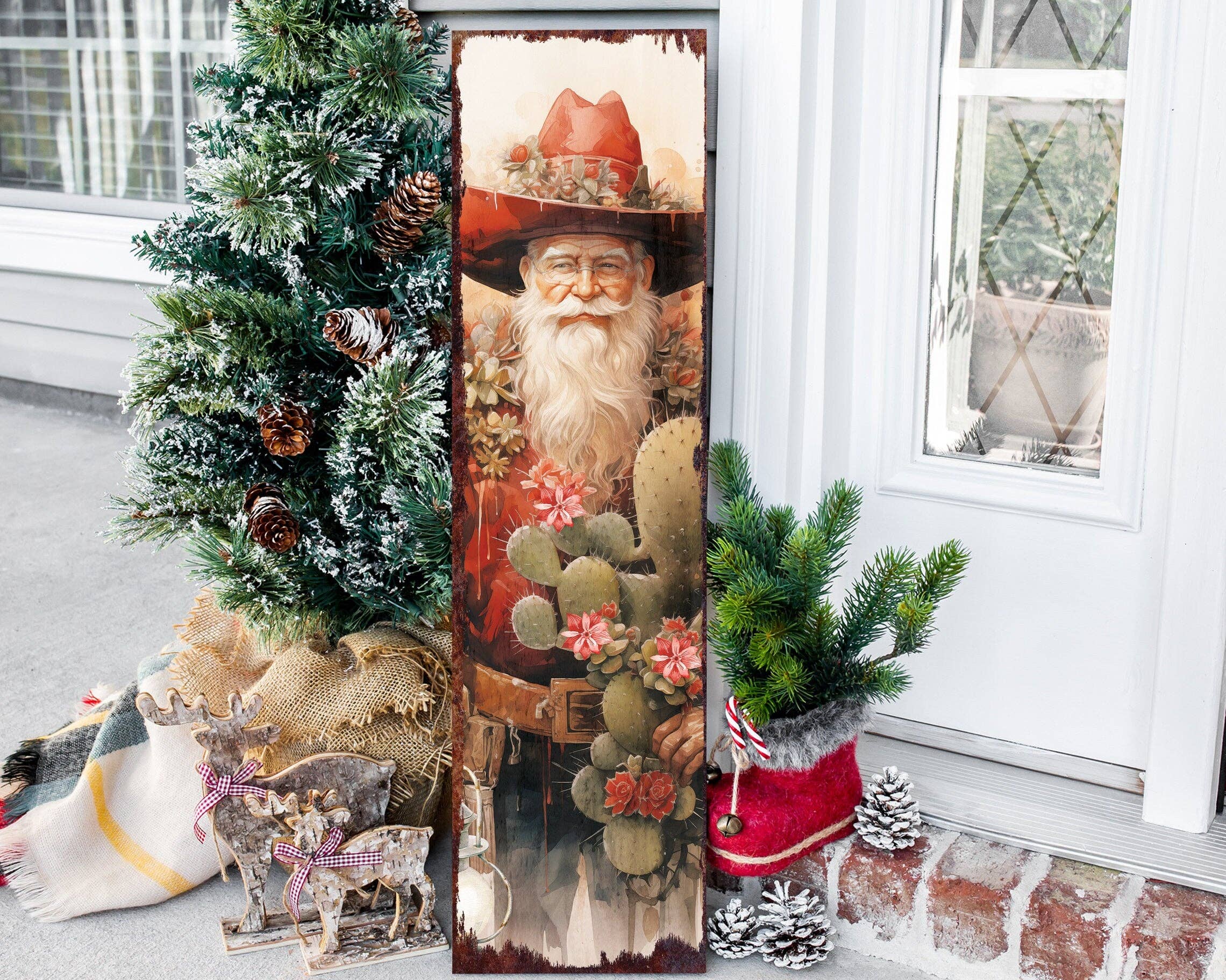 TX USA Corporation – Großhandel Schild für Außenbereich – Cowboy-Weihnachtsmann-Weihnachtsschild für die Veranda | Rustikale Bauernhaus-Willkommensdekoration für draußen8