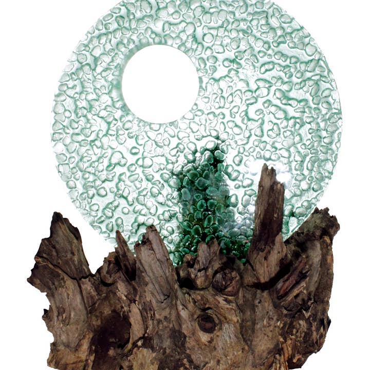 10" Decorative Light Blue Glass Disk on Gamal Wood for wholesale by Cohasset Gifts