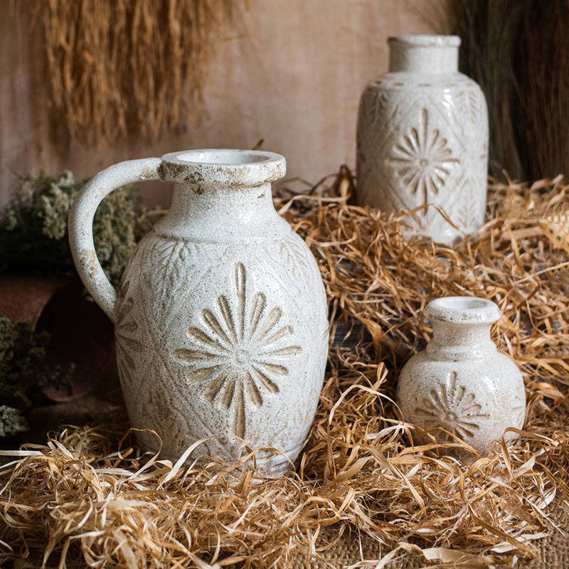 Rustic Reach - Wholesale Vase - Carved Floral Vase in White4