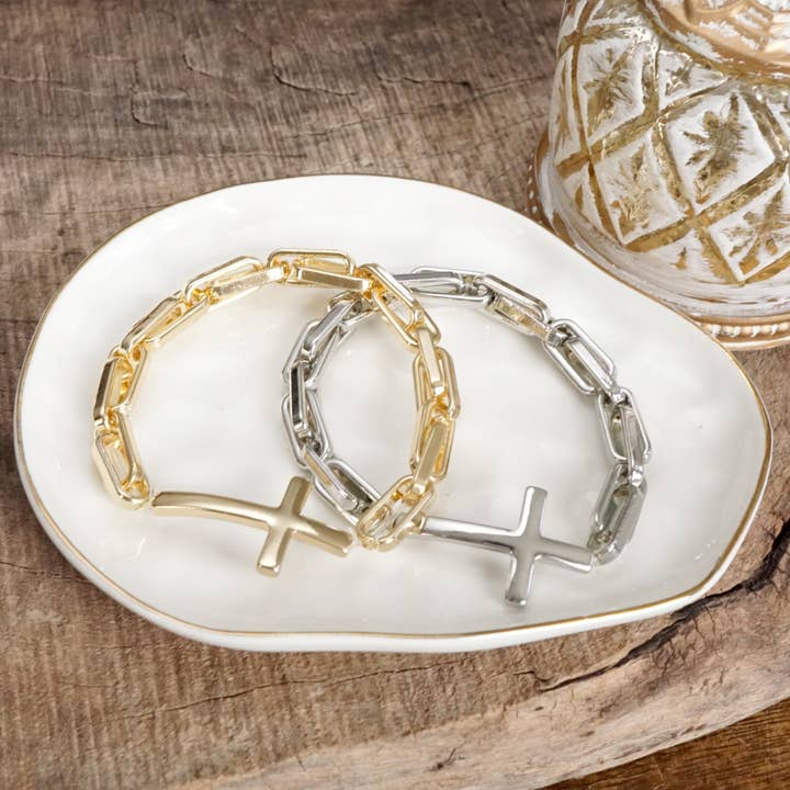 Sideways Cross Stretch Bracelet – Gold or Silver Tone for wholesale by PennyLine inc