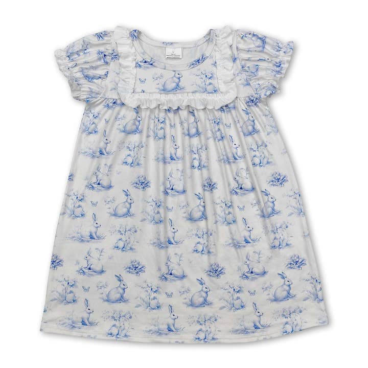 Yawoo Garments - Wholesale Dress - Kids - Short sleeves light blue bunny baby girls Easter dress0