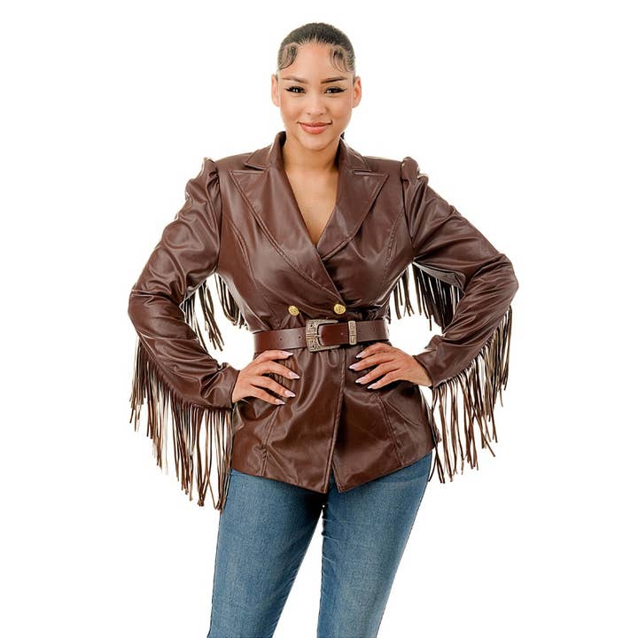 DORCAS - Wholesale Leather Jacket - Women's - PLUS FRINGE DETAIL LONG SLEEVE JACKET WITH BELT