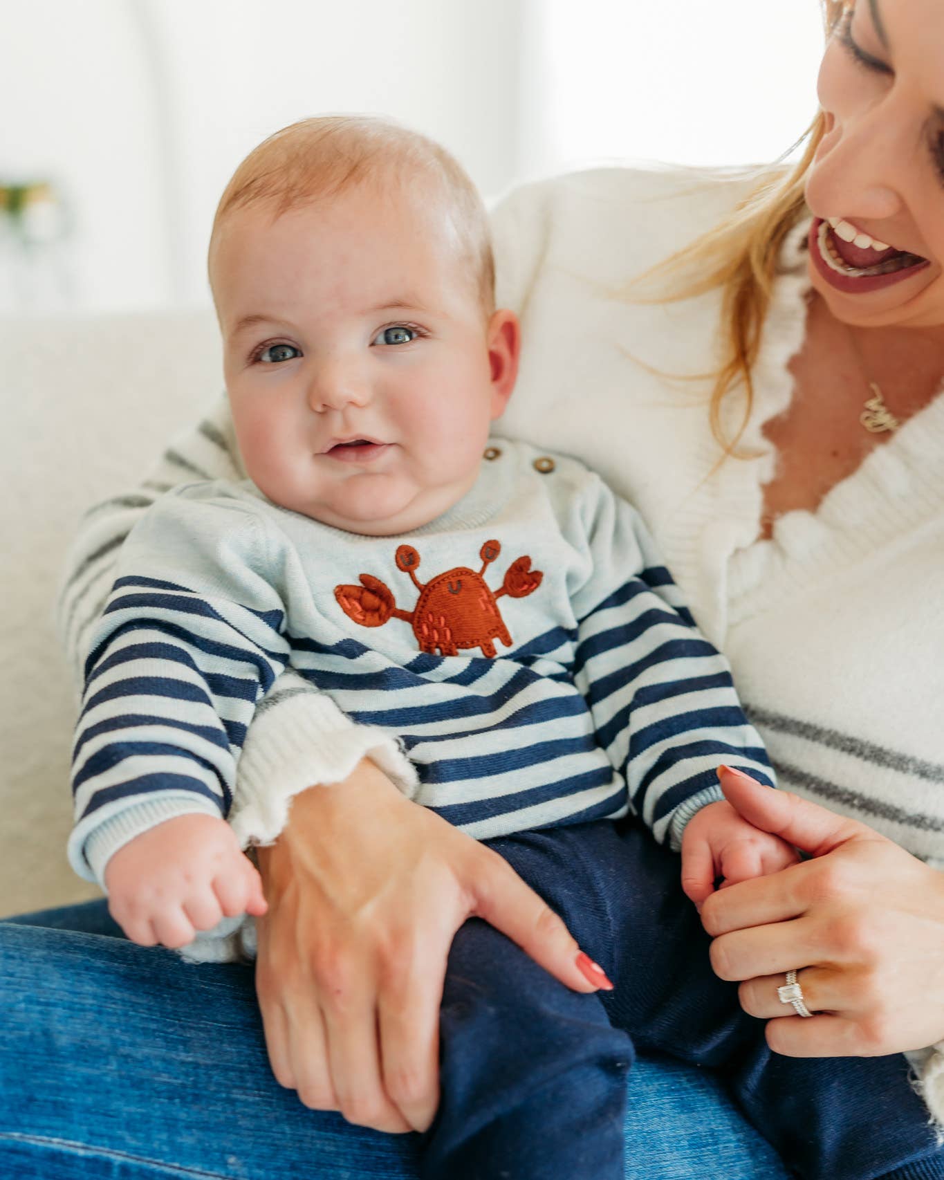 Blue Heather Crab Embroidered & Stripe Knit Baby Pullover (Organic Cotton for wholesale on Faire3