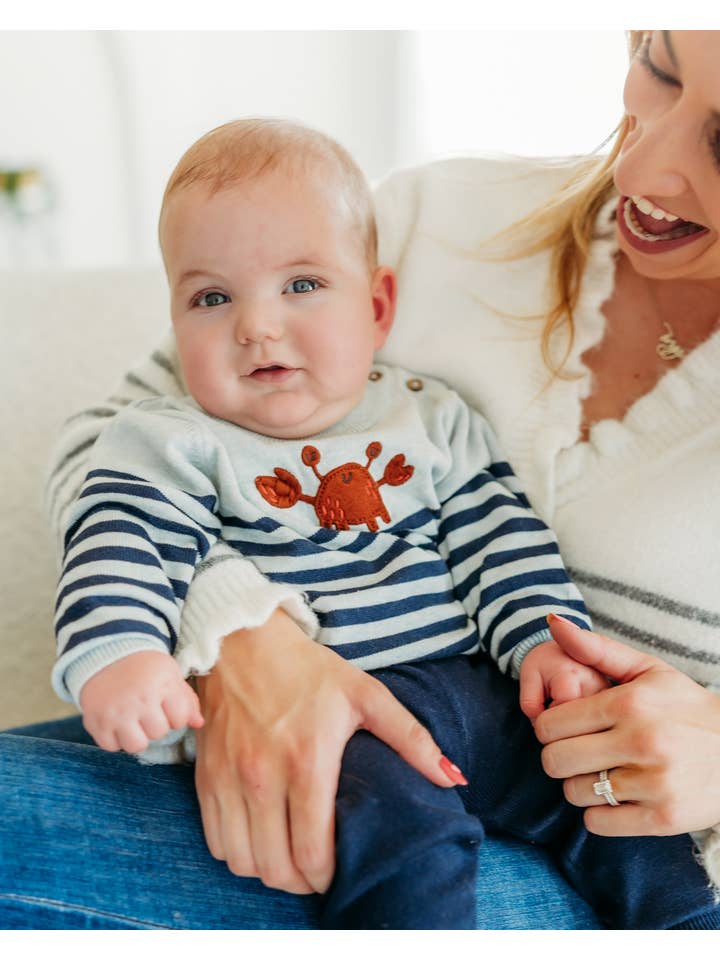 Blue Heather Crab Embroidered & Stripe Knit Baby Pullover (Organic Cotton for wholesale on Faire3