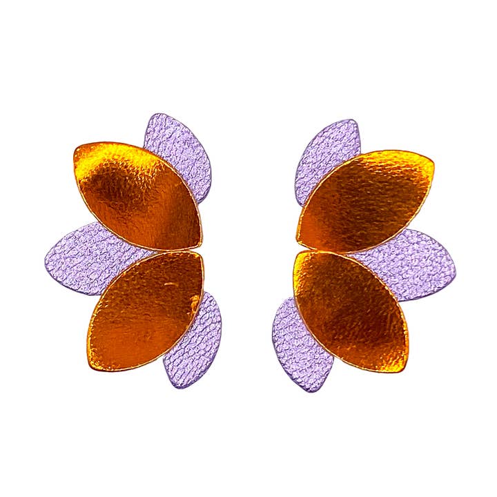 Flower stud earrings in purple and orange leather for wholesale by Manali
