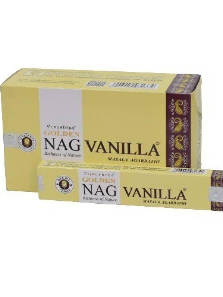 Vijayshree Golden Nag Vanilje Røgelse 15 g for engroshandel hos AUM Fragrances