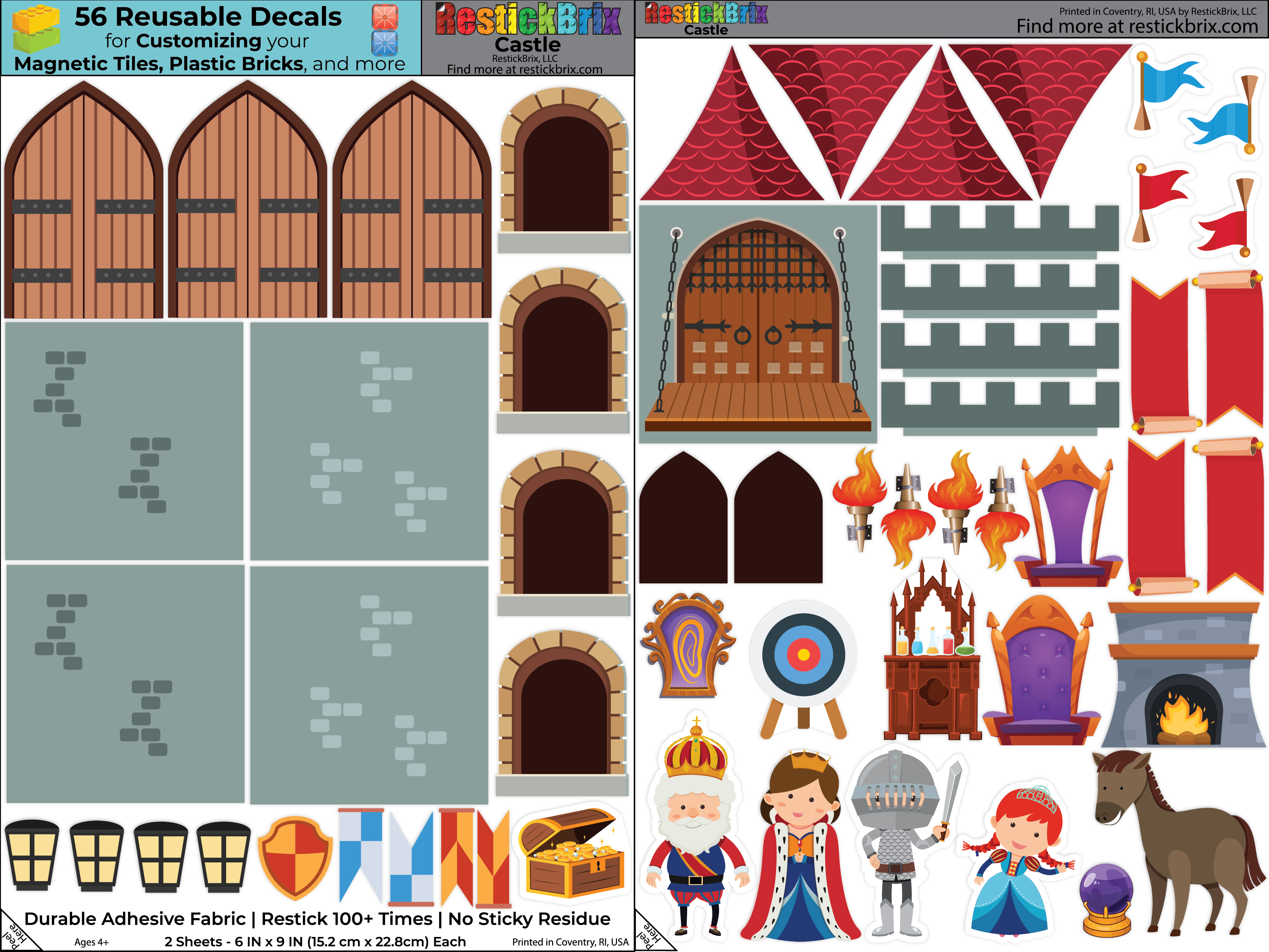 RestickBrix - Wholesale Building Set - Kids - Reusable Decals for Magnetic Tiles & Bricks - Castle1