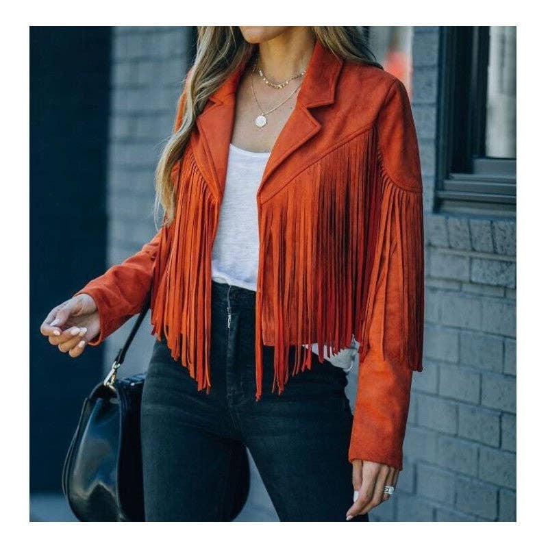 Plush Looks - Wholesale Jacket - Women's - Solid Color Lapel Long Sleeve Fringe Jacket3