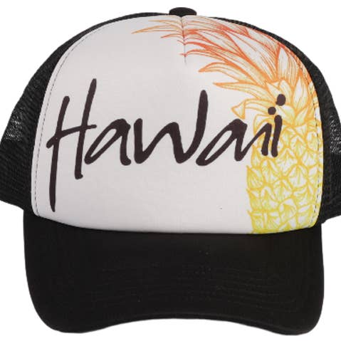 Casquette de baseball en maille noire imprimée couleur "Hawaii" Ananas pour la vente par Bean & Vanilla
