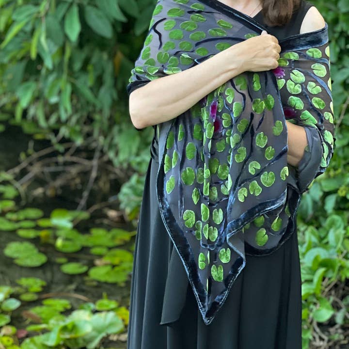 Sherit Levin Textiles – wholesale Scarf – Women's – Black Devoré Burnout Velvet Green Lily Pads Scarf/Shawl
