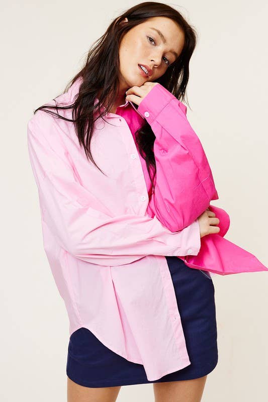 Mimosa - Wholesale Button Down Shirt - Women's - Color-Block Oversized Button Down Shirt4