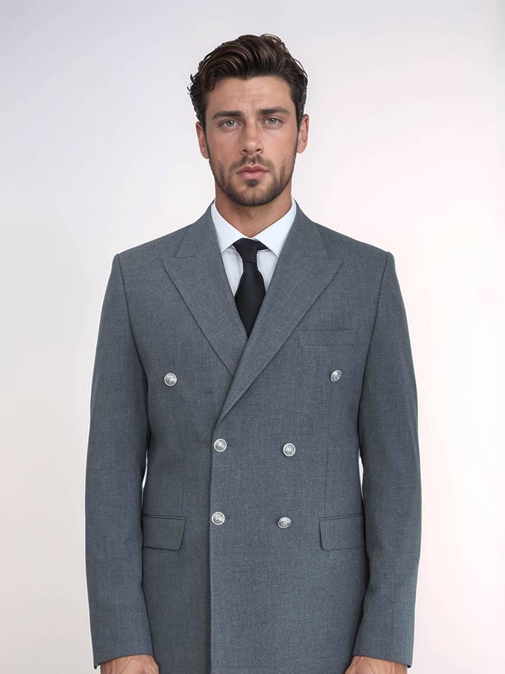 Slim Fit Double-Breasted Anthracite Men’s Suit with Silver-Tone Metal Buttons – Wessi for wholesale by Wessi
