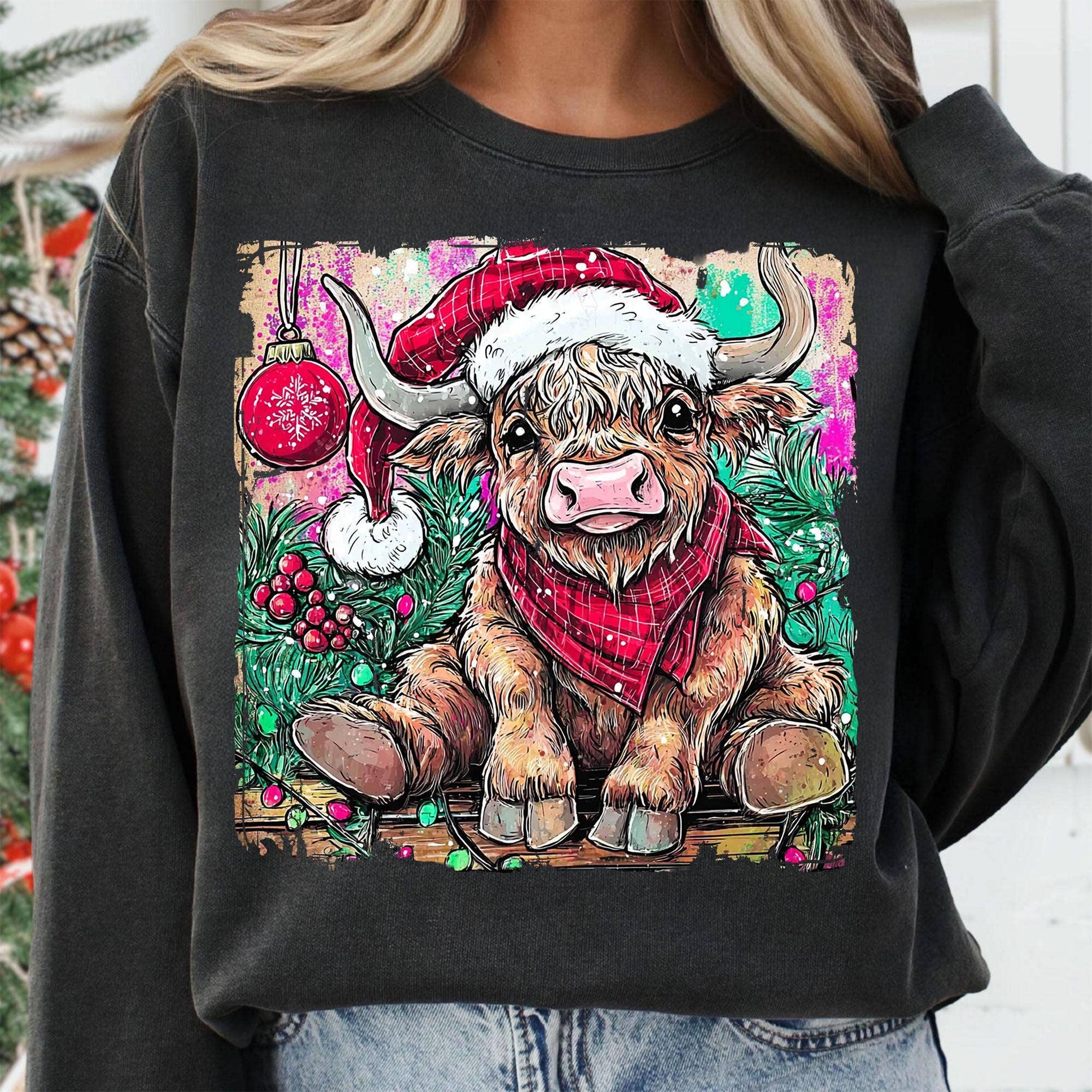 Glaime - Wholesale T-Shirt (Graphic) - Women's - Christmas Highland Cow Comfort Colors Tee, Christmas Sweater2