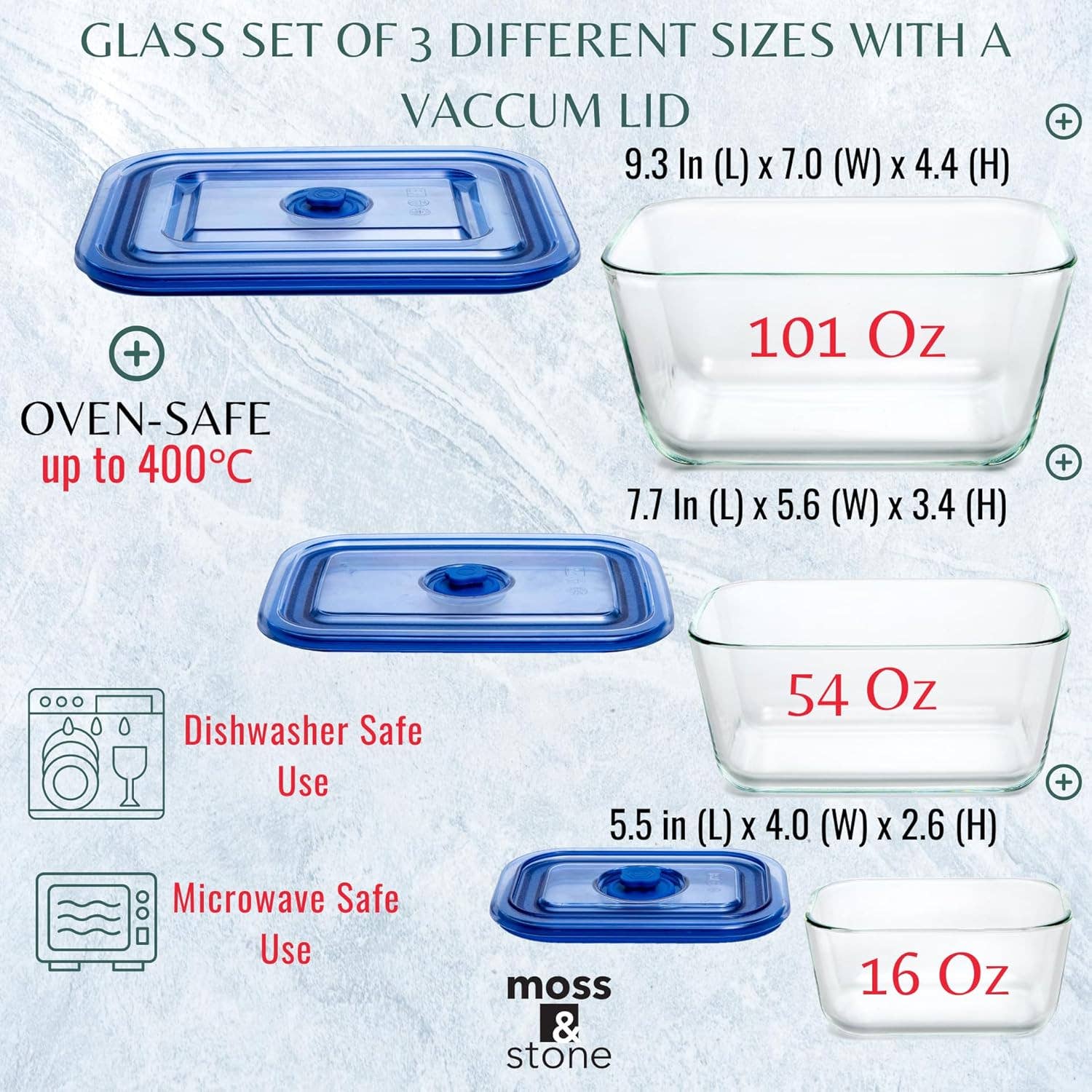 Moss & Stone - Vente Appareils électroménagers - Ensemble de 3 grands récipients de stockage en verre avec couvercles, 101 oz/ 54 oz/ 16 oz, récipient alimentaire rectangulaire profond en verre avec couvercle, étanche, compatible micro-ondes, lave-vaisselle et four.1