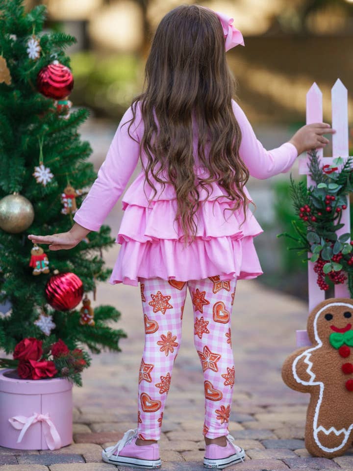 Rosa Set tunica e leggings con volant a strati con biscotti natalizi in vendita all'ingrosso su Faire7