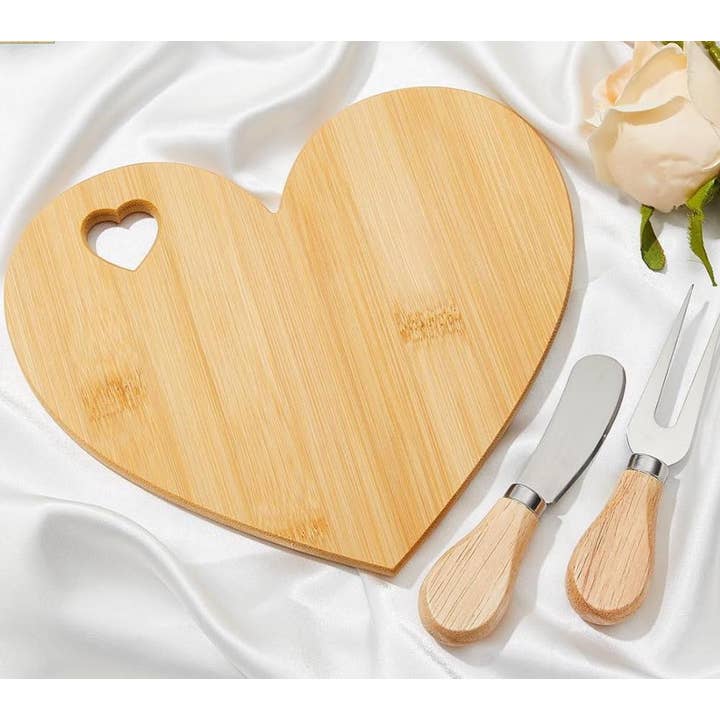 Heart Shaped Bamboo Cutting Board With Cheese Tools for wholesale by The Cracked Pig